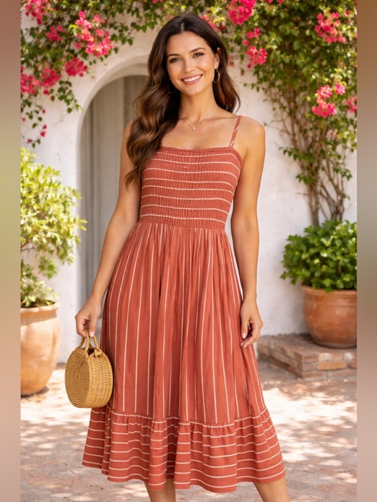 Dresses & Skirts - Rust Boho Smocked Midi Dress Striped Cottagecore Summer Size M